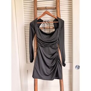 Lucy In The Sky Black‎ Ruched Long Sleeve Mini Dress White Satin Bow Back Small